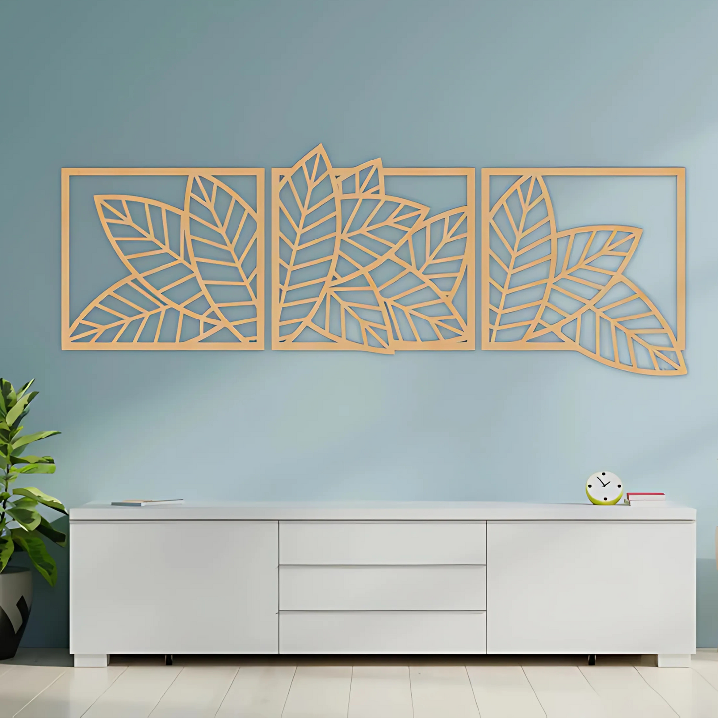 Modern Wooden 3 Panels Tropical Leaf Wall Art