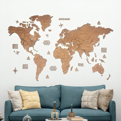 3D Wooden World Map Wall Decor