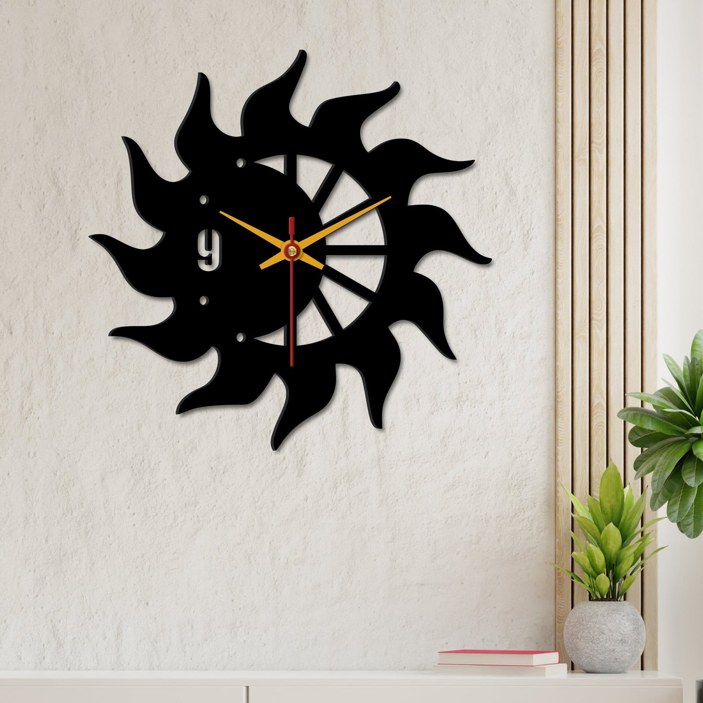 Sun Flames Design Wooden Wall Clock