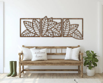 Modern Wooden 3 Panels Tropical Leaf Wall Art