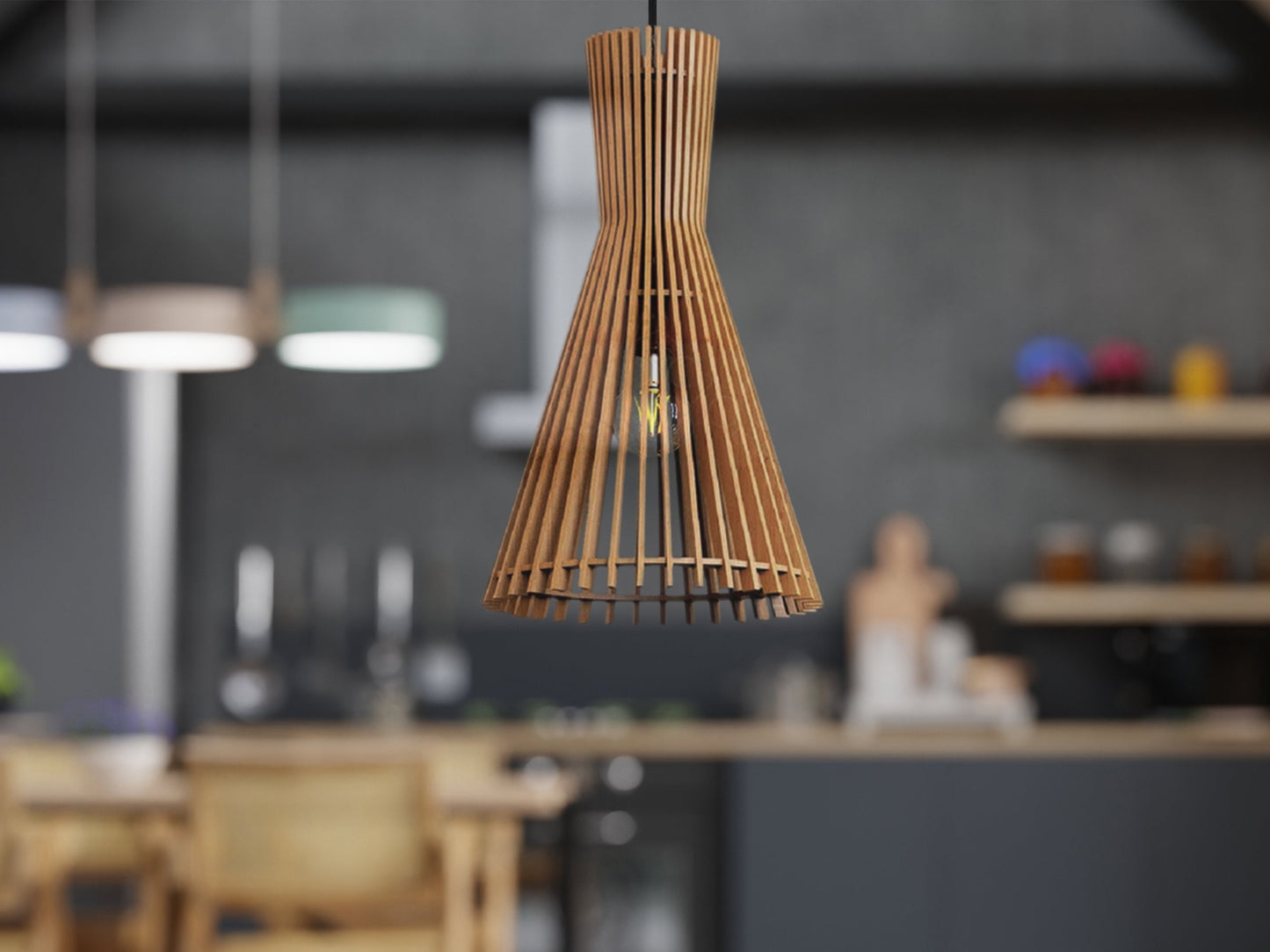 Cone-Shaped Wooden Hanging Light Fixture