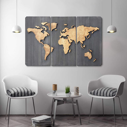 3 Panels 3D Wooden World Map Art