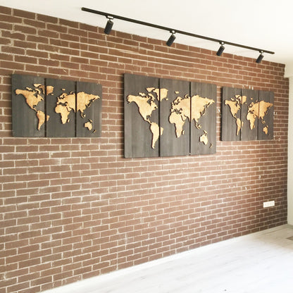 3 Panels 3D Wooden World Map Art