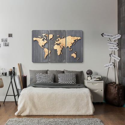 3 Panels 3D Wooden World Map Art