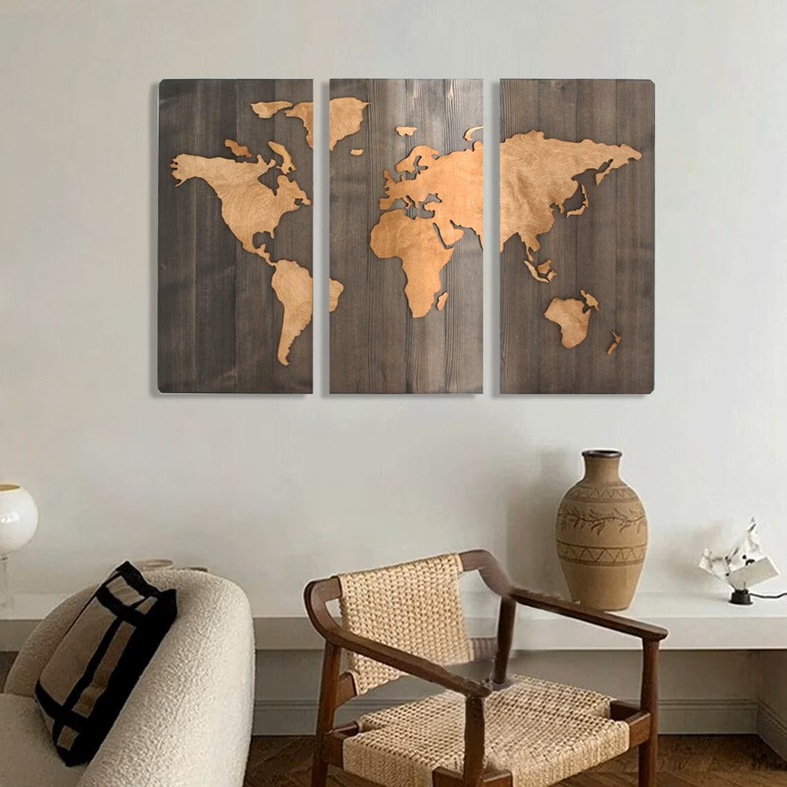 3 Panels 3D Wooden World Map Art