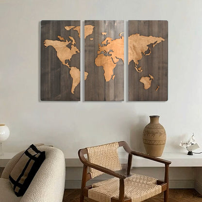 3 Panels 3D Wooden World Map Art