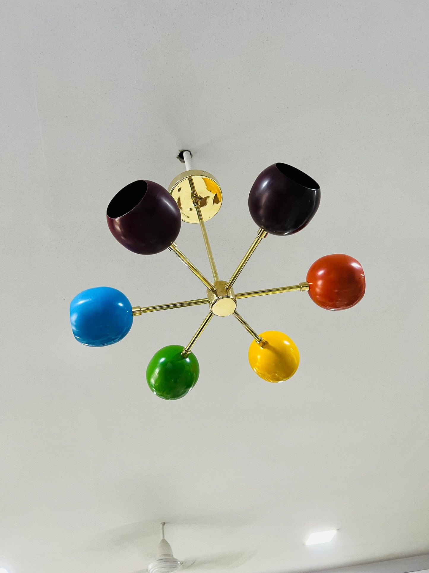 Mid Century Brass 6 Arm Multi Color Sputnik Chandelier