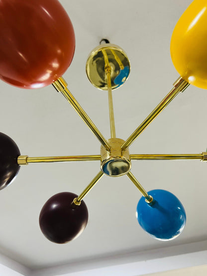 Mid Century Brass 6 Arm Multi Color Sputnik Chandelier