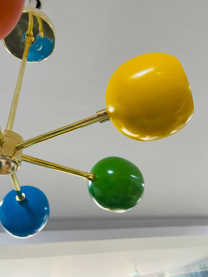 Mid Century Brass 6 Arm Multi Color Sputnik Chandelier