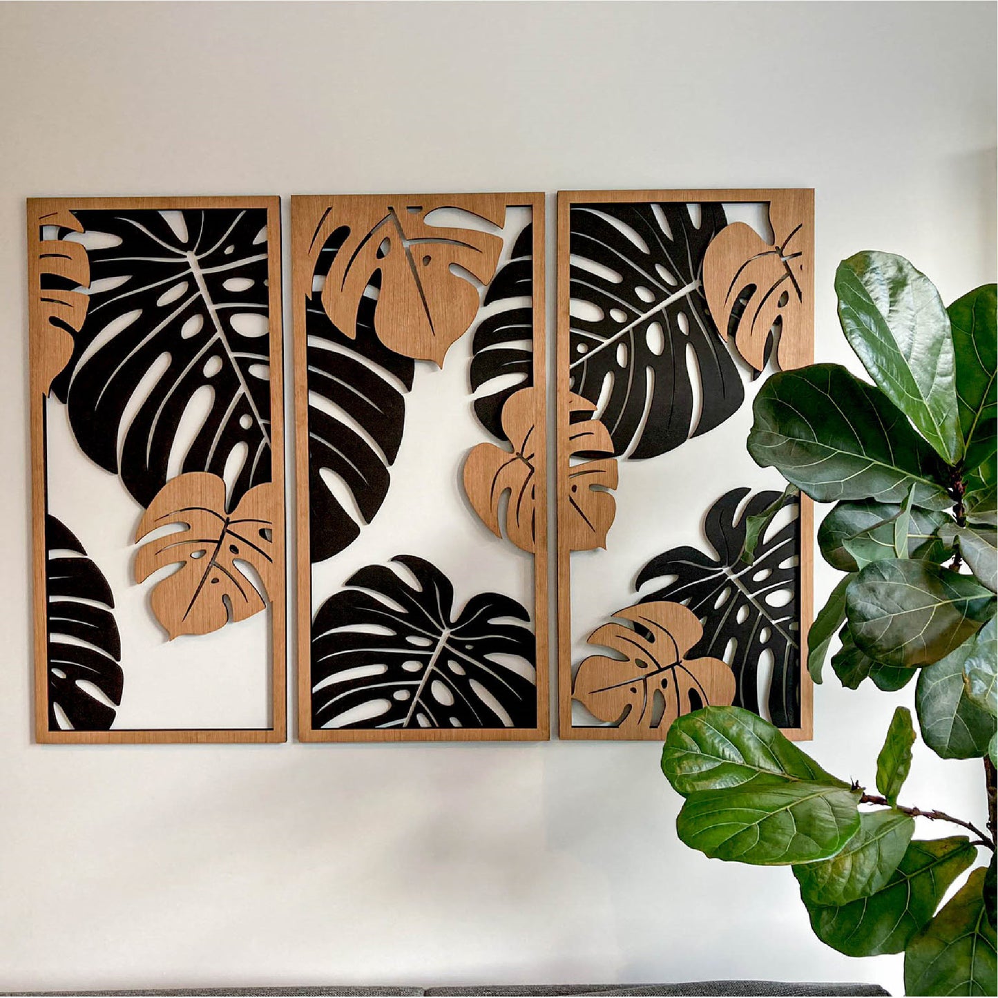 3 Panels Leaves Decoration Wooden Wall Art