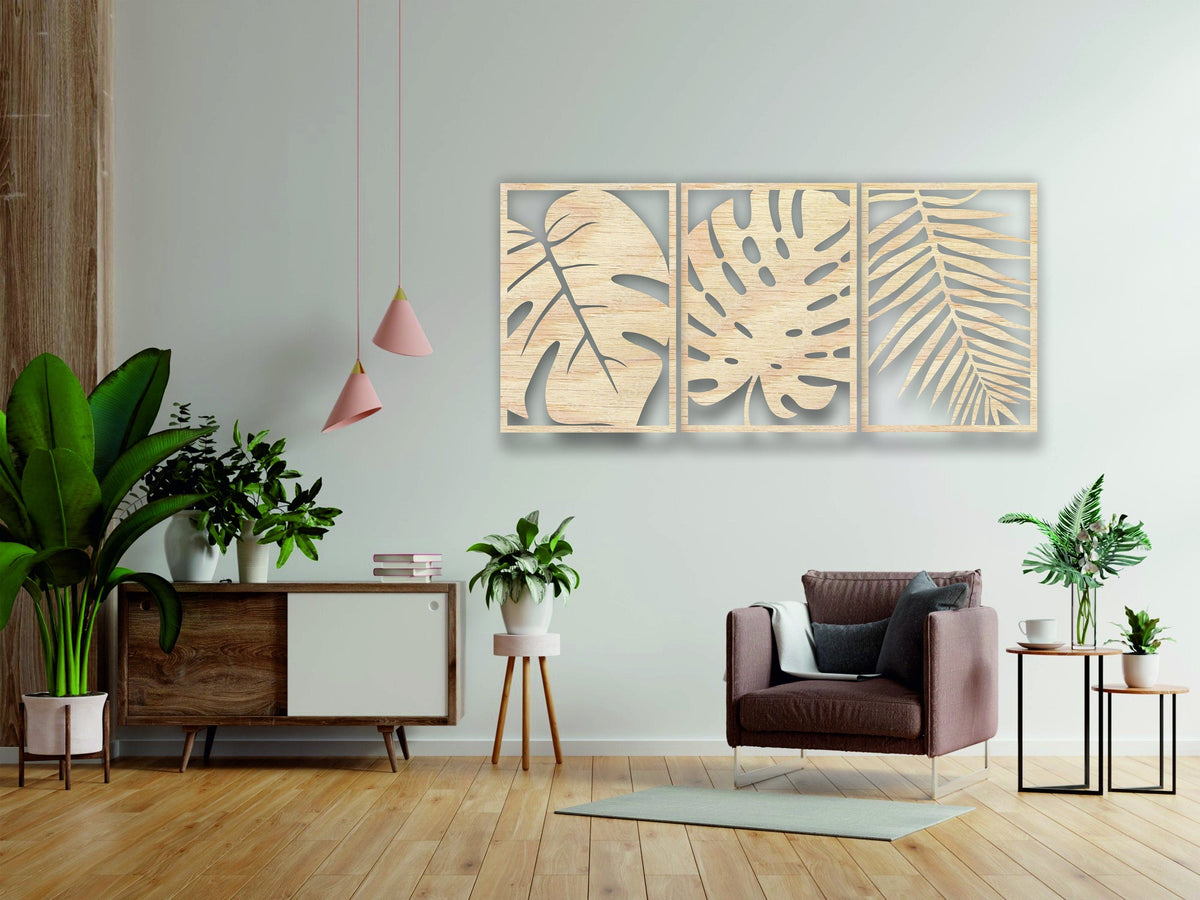 Modern Wooden Wall Art Large Leaves 3 Panels - Graham Decors